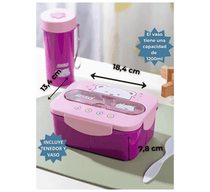 Fiambrera Contenedor Osito 1200 Ml Táper Hermético + Cubiertos y Vaso Infantil Pink