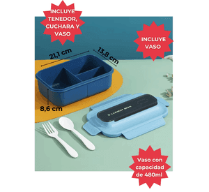 Fiambrera Contenedor 1200 Ml Lunch Box Táper Hermético + Vaso Plástico Blue