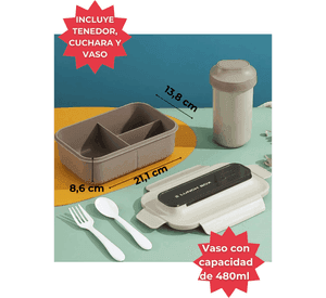 Fiambrera Contenedor 1200 Ml Lunch Box Táper Hermético + Vaso Plástico Beige