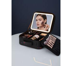 Estuche Maquillaje 2 en 1 Bolso Cosmetiquero con Espejo Con Luz Led Organizador Color Negro