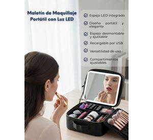 Estuche Maquillaje 2 en 1 Bolso Cosmetiquero con Espejo Con Luz Led Organizador Color Negro