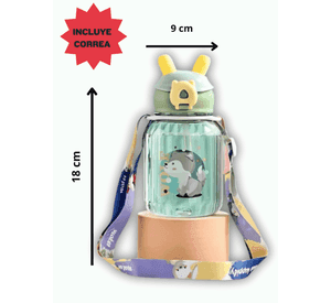 Botella Plástica 600ML Con Bombilla y Correa Kawai Sin BPA Niños Fox