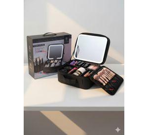 Estuche Maquillaje 2 en 1 Bolso Cosmetiquero Espejo de Luz Led Organizador Color Negro
