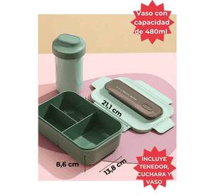 Fiambrera Contenedor 1200 Ml Lunch Box Táper Hermético + Vaso Plástico Green