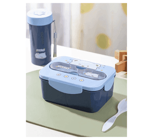 Fiambrera Contenedor Osito 1200 Ml Táper Hermético + Cubiertos y Vaso Infantil Blue