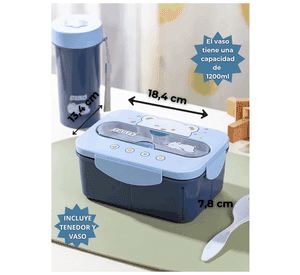 Fiambrera Contenedor Osito 1200 Ml Táper Hermético + Cubiertos y Vaso Infantil Blue