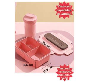 Fiambrera Contenedor 1200 Ml Lunch Box Táper Hermético + Vaso Plástico Pink