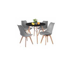 Comedor mesa Eames redonda negra 80cms + 4 sillas Tulip gris