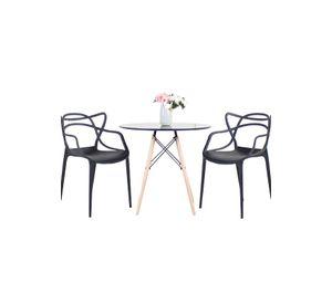 Comedor Terraza - 2 Sillas Master Negras y Mesa Eames de Vidrio 80cm