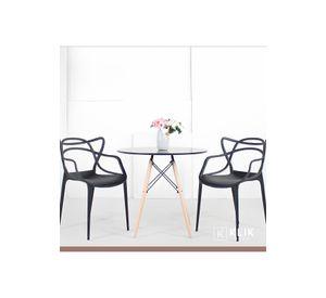 Comedor Terraza - 2 Sillas Master Negras y Mesa Eames de Vidrio 80cm