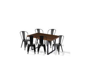 Comedor Industrial 140x90 Madera Oscura Walnut + 6 Sillas Tolix Negras