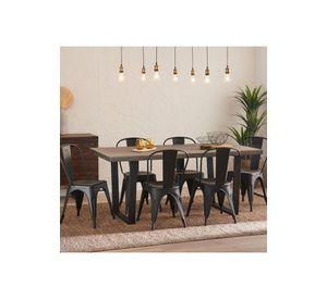 Comedor Industrial 140x90 Madera Oscura Walnut + 6 Sillas Tolix Negras