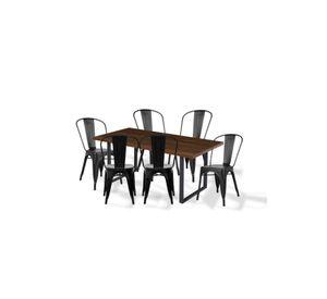 Comedor Industrial 160x90 Madera Oscura Walnut + 6 Sillas Tolix Negras