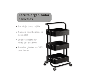 Carrito De Almacenamiento Organizador 3 Niveles Con Ruedas Color Negro