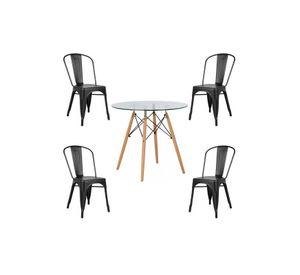 COMEDOR MESA REDONDA VIDRIO 80CM + 4 SILLAS TOLIX NEGRAS