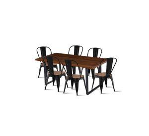 Comedor Industrial 160x90 Oscura + 6 Sillas Tolix Negras con Asiento de Madera Oscura Walnut