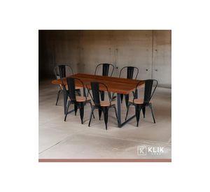 Comedor Industrial 160x90 Oscura + 6 Sillas Tolix Negras con Asiento de Madera Oscura Walnut