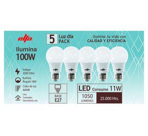 Ampolleta 11 W E27 luz fría A60 5 un.