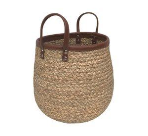 Canasto Fibra natural Borde cuero 27 cm
