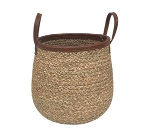 Canasto Fibra natural Borde cuero 27 cm