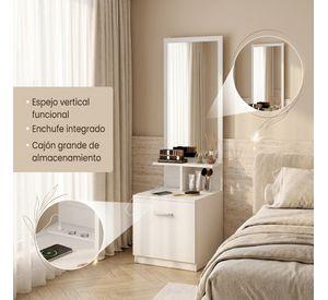 Velador Con Espejo Repisa Y Cajon Grande 170cm Con Enchufe Mate Blanco
