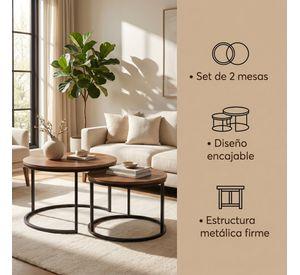 Juego Mesa De Centro Lateral Living Redonda Doble Madera
