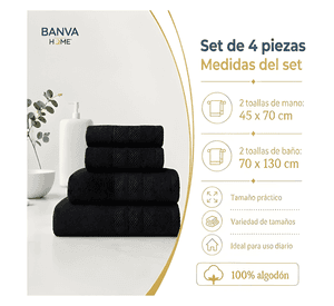 Juego 4 toalla bano algodon manos toallon cuerpo 400gr Negro