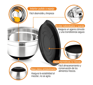 3 bowls con tapa acero inoxidable y base antideslizante #2