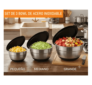 3 bowls con tapa acero inoxidable y base antideslizante #2