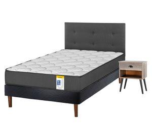 Cama europea Juvenil 1.5 plazas box + 1 respaldo Royal + 1 velador Rock