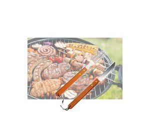 Set Asado Parrilla 2 Piezas Acero Inoxidable Madera