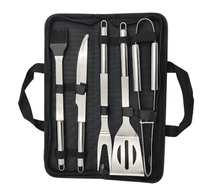 Set parrillero 5 piezas de acero inoxidable y bolso para asados
