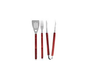 Set Asado Parrilla 3 Piezas Acero Inoxidable Mango Madera