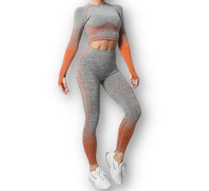 Conjunto Fitness Naranja Gimnasio 2 Piezas Manga Larga Sin Costuras