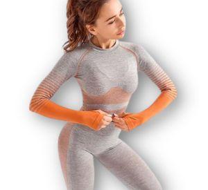 Conjunto Fitness Naranja Gimnasio 2 Piezas Manga Larga Sin Costuras