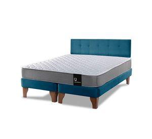Cama Europea Zen Best 2 Plazas Colchon Resortes Base Dividida + Respaldo Tela Azul