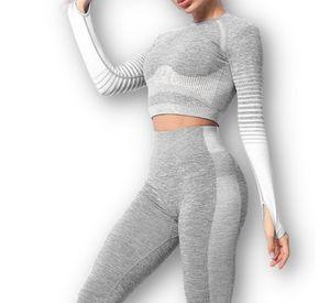Conjunto Fitness Blanco Gimnasio 2 Piezas Manga Larga Sin Costuras
