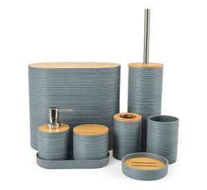 Set De 8 Accesorios Para Baño Con Tapa De Bambu Papelera Wc WakesHome
