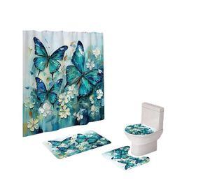 Juego De Baño Set 4 Piezas Cortina Alfombra Cubre Inodoro Mariposas