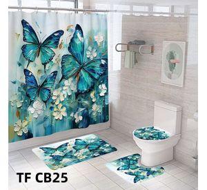 Juego De Baño Set 4 Piezas Cortina Alfombra Cubre Inodoro Mariposas