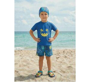 Conjunto De Baño Niños Jovenes Short Polera Gorro Manga Corta Palmeras 0062