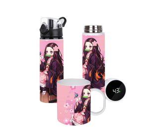 SET DISEÑO NEZUKO KIMETSU NO YAIBA BOTELLA, TERMO , TAZÓN