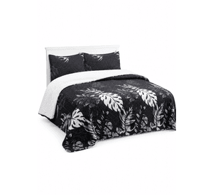 Cubrecama Quilt Sherpa 2pl  Blanco Y Negro. Diseño Hojas