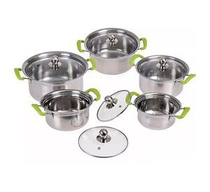 Juego De Ollas 16-18-20-22-24cm 10P Inox Con Manilla Verde