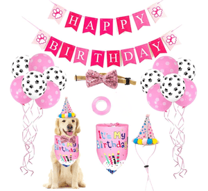 Kit Decoracion Rosa Cumpleanos Perro Bandana Gorro Globos