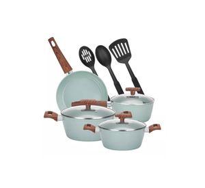 Batería de cocina de 10 piezas, antiadherente, granito, color verde claro