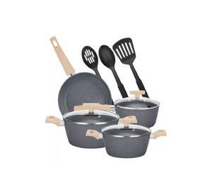 Batería de cocina de 10 piezas, antiadherente, acabado granito, menaje, color negro
