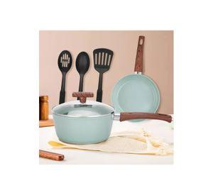 Batería de cocina de 10 piezas, antiadherente, acabado granito, menaje, color verde claro