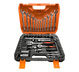 Juego Dados Con Llaves Y Chicharra 1/2'' Y 1/4'' 61pc Maleta Color Naranja Negro Plateado