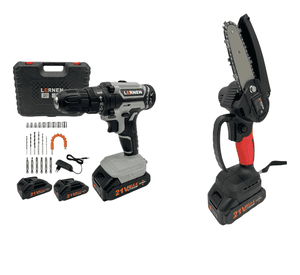 Pack Taladro Inalámbrico LERNEN + Motosierra Podadora LERNEN + 4 Baterías
